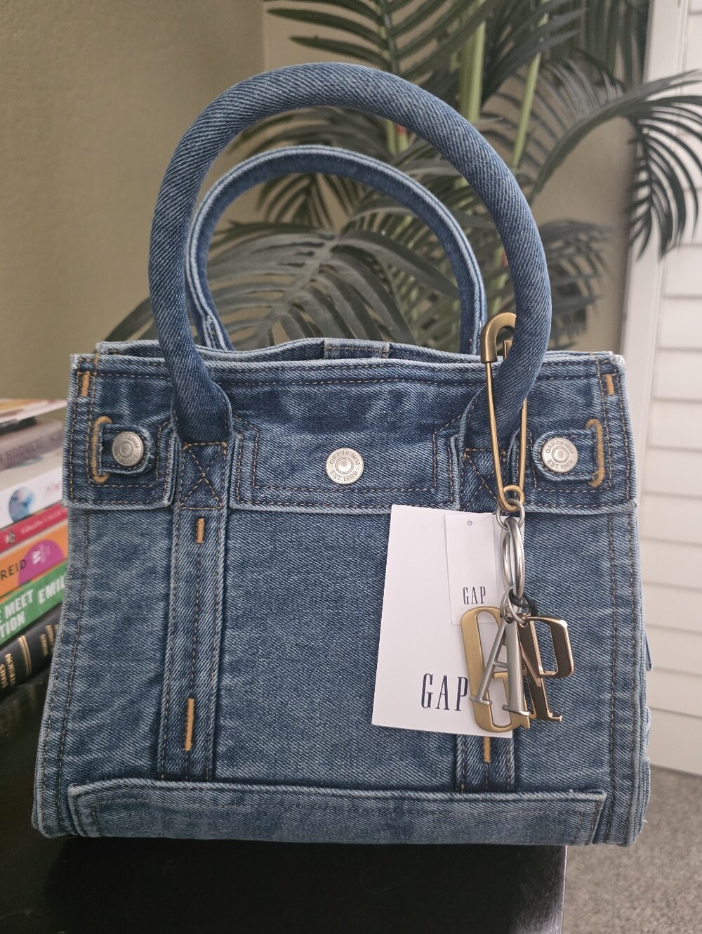 GAP Denim Mini Tote Bag Medium Blue with Gold Charm Small NWT NEW